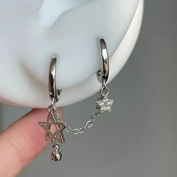 DAIIIBABYYY  -  Hiphop Punk Rhinestone Star Chain Double Ear Hole Fashion Silver Color Round Bead Pendant Hoop Earrings Y2K Fashion Jewelry Gift